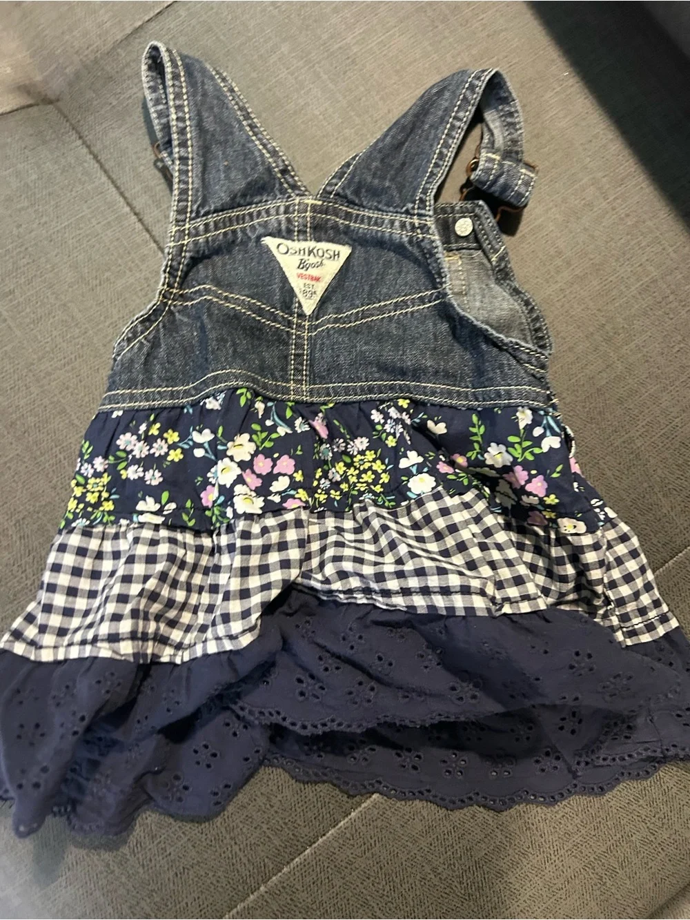 OshKosh B'gosh Navy Denim Floral & Gingham Tiered Overall Dress